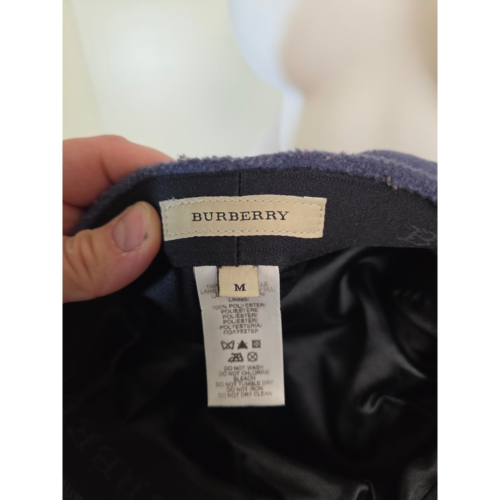 Burberry Navy Blue 100% Wool Newsboy Baker Boy Cap Hat Women Size M Logo Plaque - Picture 7 of 9